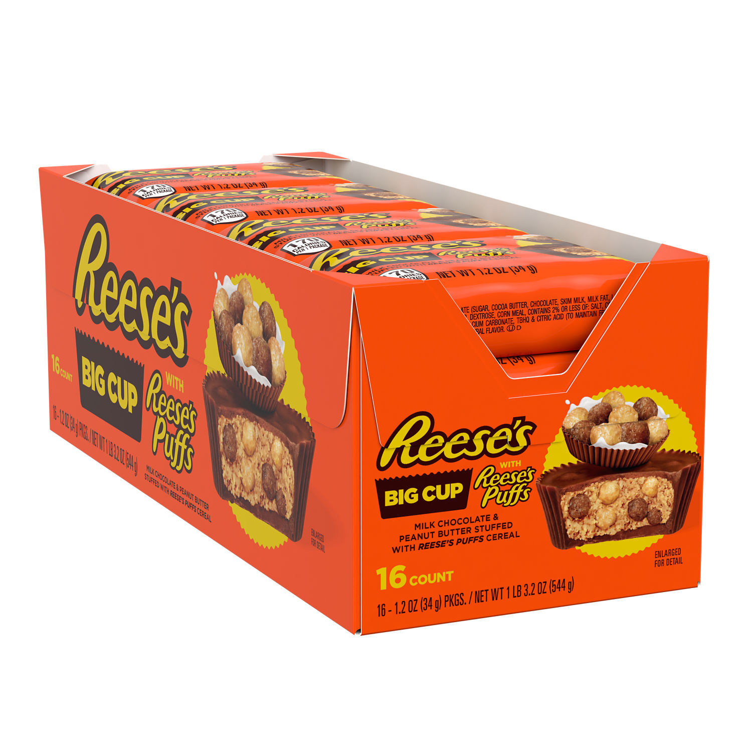 REESE'S Big Cup Milk Chocolate Peanut Butter Cups with REESE'S PUFFS Cereal Candy Packs, 1.2 oz (16 Count) $18.99