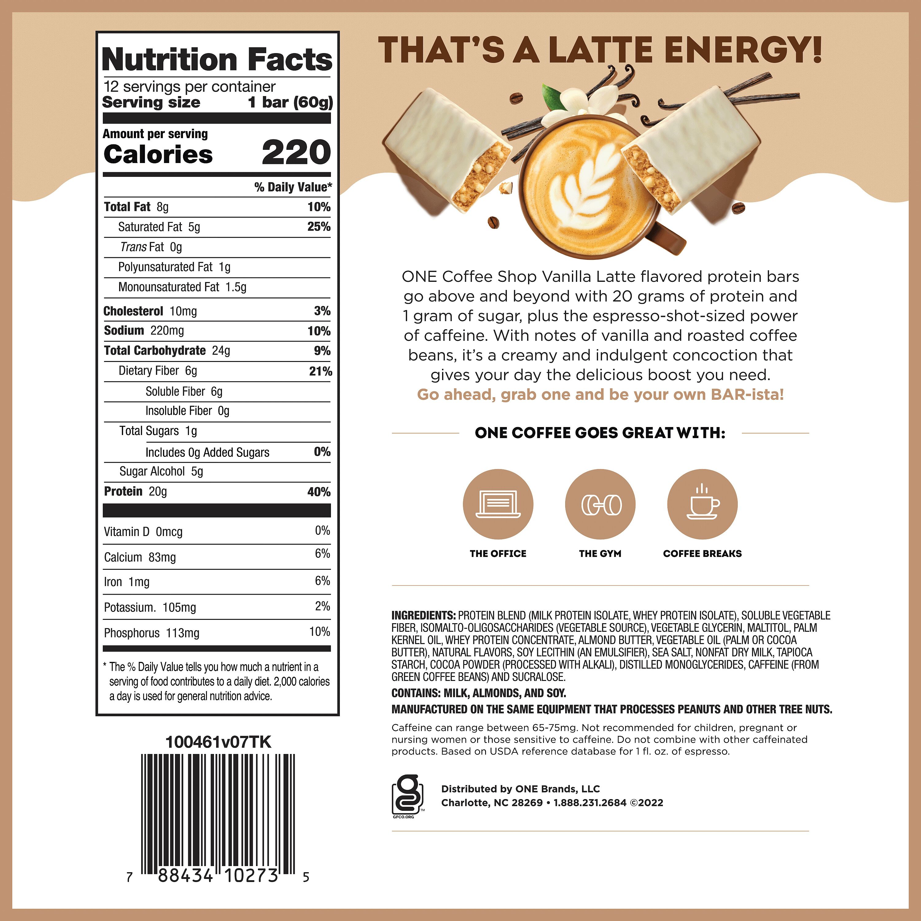 ONE Coffee Shop Vanilla Latte Flavored Caffeinated Protein Bars, 2.12 oz (12 Count) $24.99
