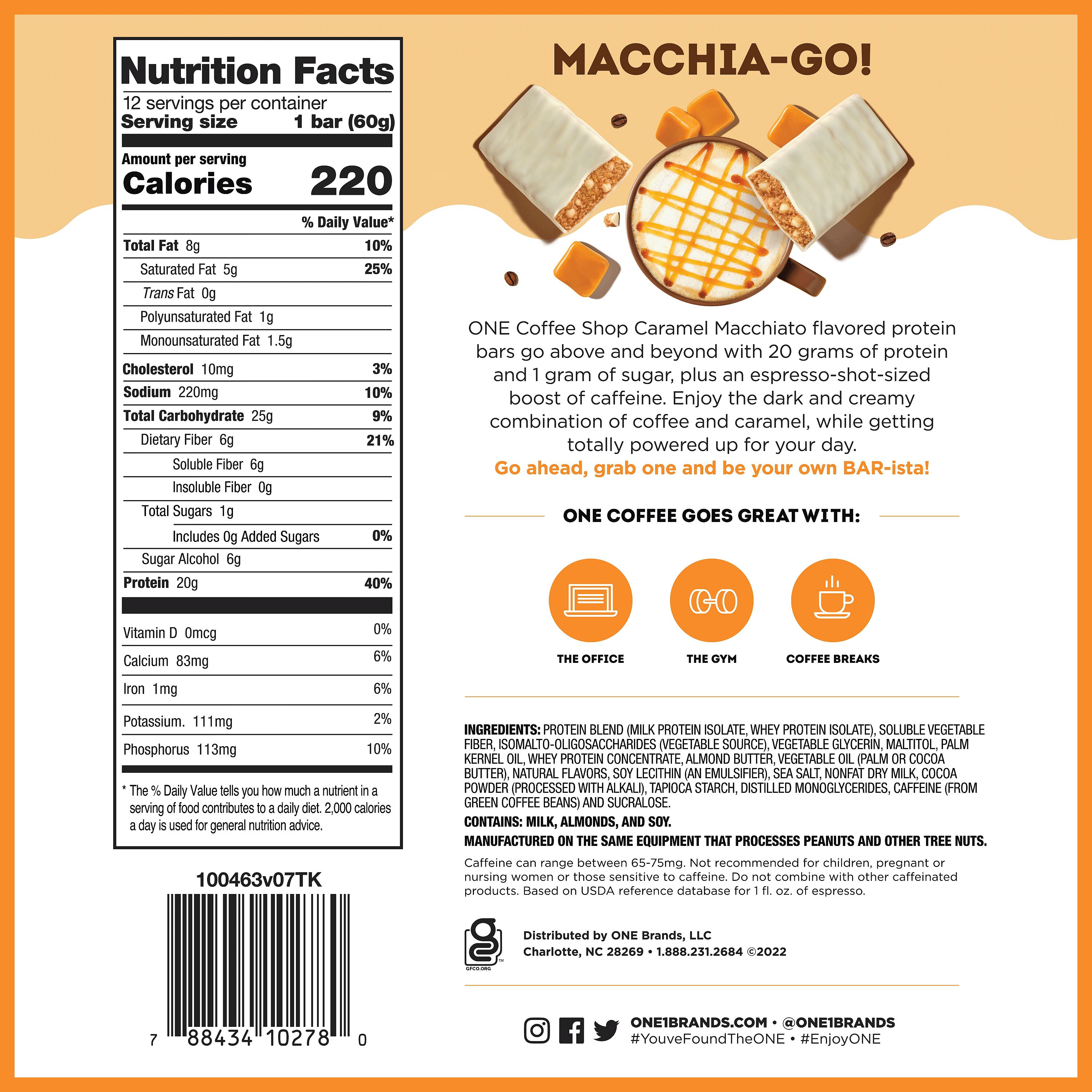 ONE Coffee Shop Caramel Macchiato Flavored Caffeinated Protein Bars, 2.12 oz (12 Count) $24.99