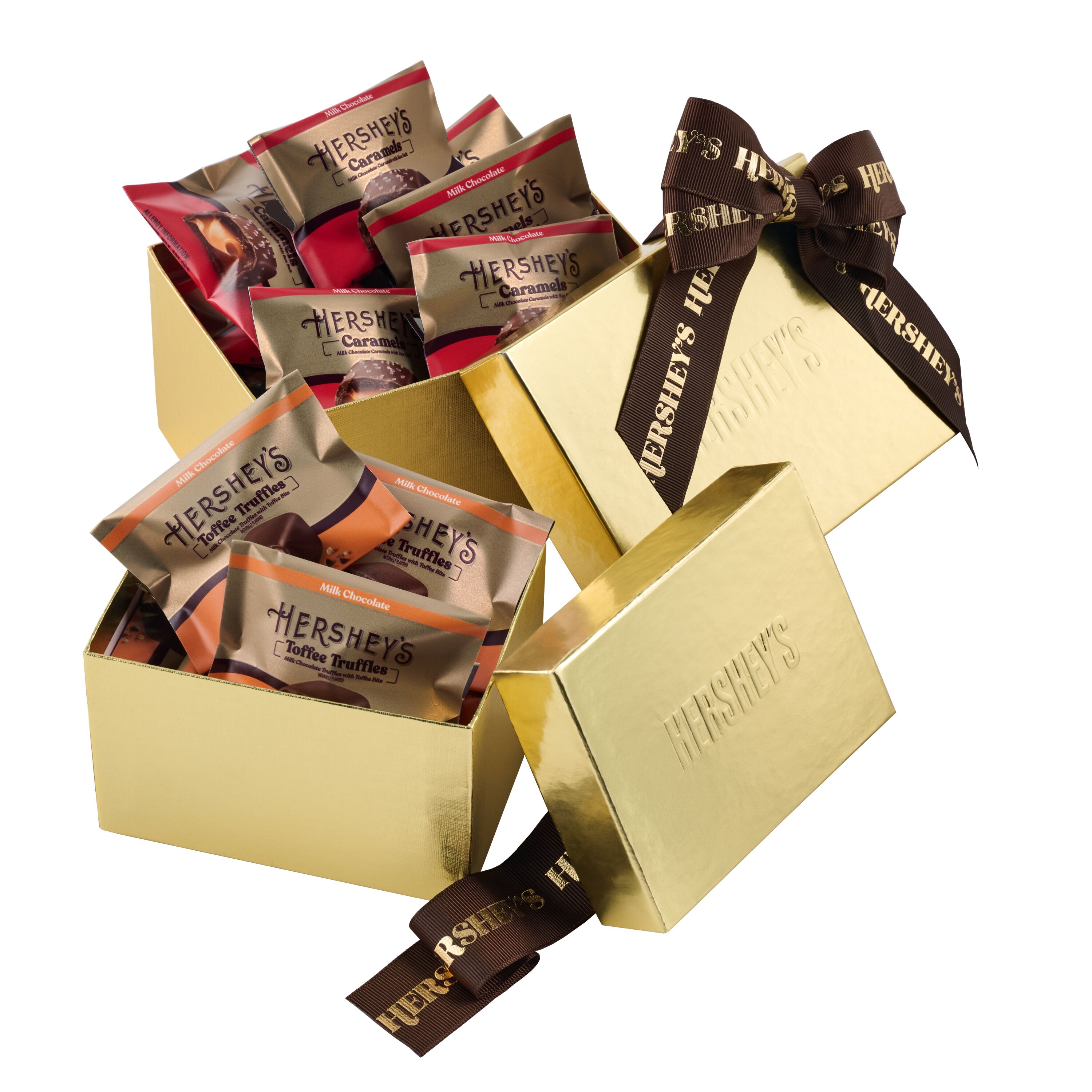 HERSHEY'S Caramels and Milk Chocolate Toffee Truffles Gold Gift Tower $39.99